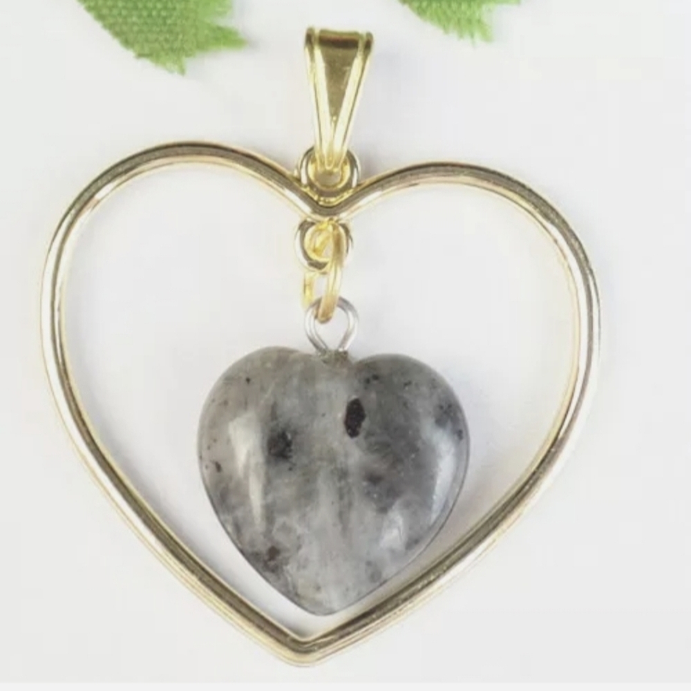New Gold Heart with Natural Larvikite Carved Heart Pendant.